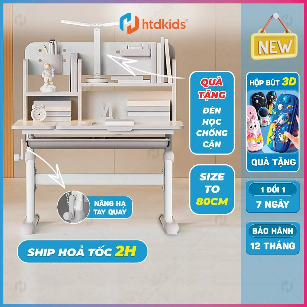 Bàn học cho bé HTDkids E6, Bàn học sinh thông minh chống gù chống cận giúp trẻ có tư thế ngồi chuẩn khoa học