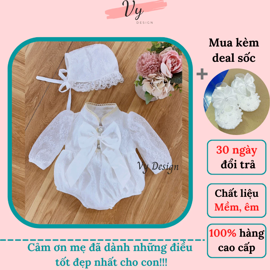 MV005 Body Bé Gái Sơ Sinh VY DESIGN. Body Váy Cho Bé Kèm Phụ Kiện, Thiết Kế Cao Cấp, Đầm Đầy Tháng, Body Sơ Sinh