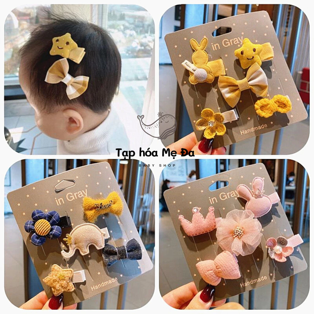 Set 5 kẹp tóc mini cho bé sơ sinh/bé ít tóc dạng cài bấm/kẹp bẻ dạng xước đính nơ vải dạ tông màu nâu nhạt vintage