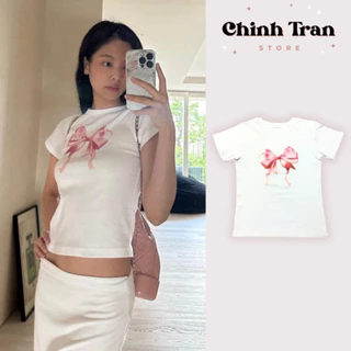 ( Hình Thật + Sẵn ) Áo Baby Tee Jennie in NƠ HỒNG chất thun co giãn form ôm - CHINH TRẦN STORE