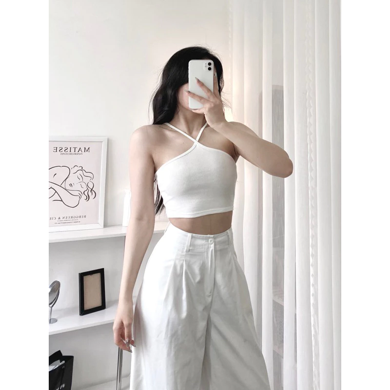 Áo croptop cổ dây yếm, chất thun gân co giãn tốt