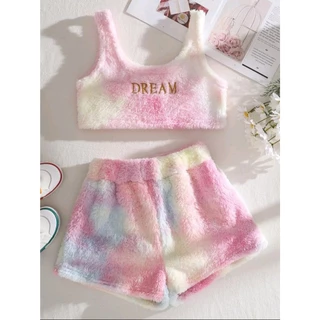 ( ORDER SHEIN ) CORY SET - Set thun lông áo croptop sát nách quần short dáng thể thao màu loang baby hồng xanh DREAM