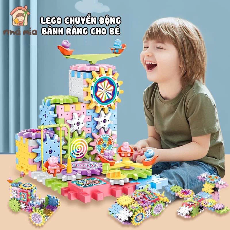 Đồ chơi lắp ráp bánh răng chuyển động cơ cho bé 83, 135, 203 chi tiết, Bộ xếp hình bánh răng xoay 135 chi tiết cho bé