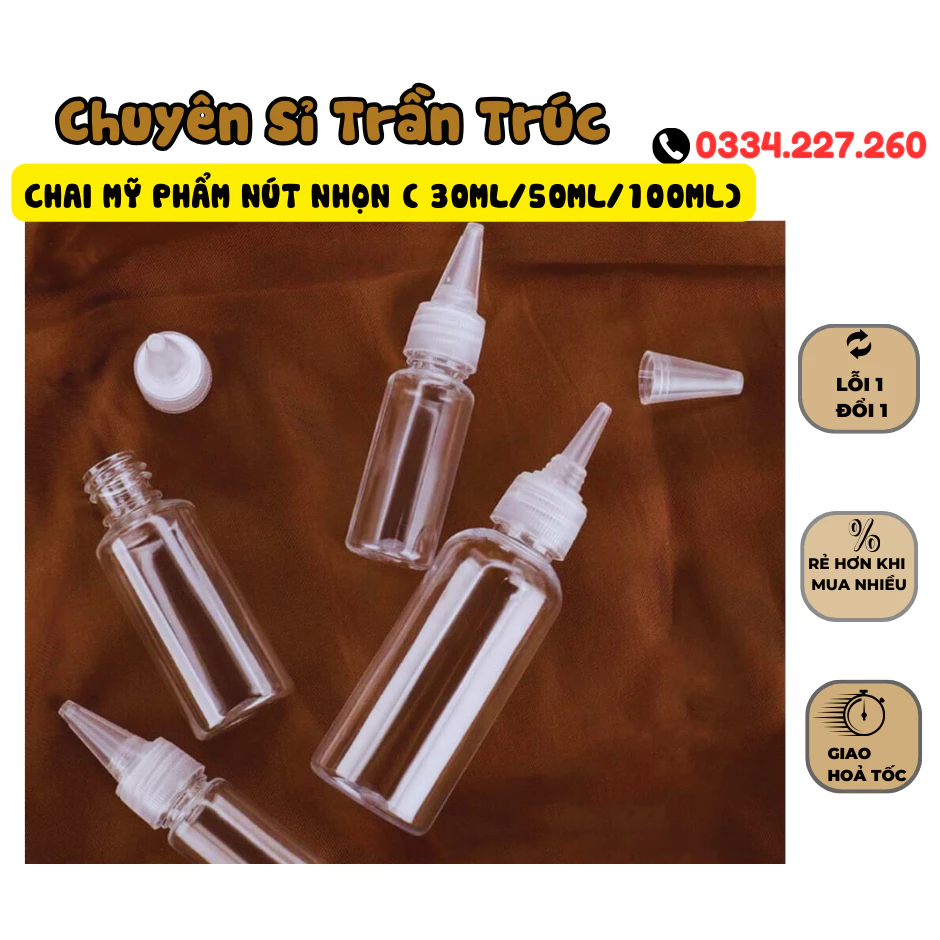 Chai nhựa nút nhọn, chai nhựa chiết mỹ phẩm, chai nhựa mỹ phẩm nhỏ 30ml, 50ml,100ml, chai nhựa mềm nút nhỏ giọt