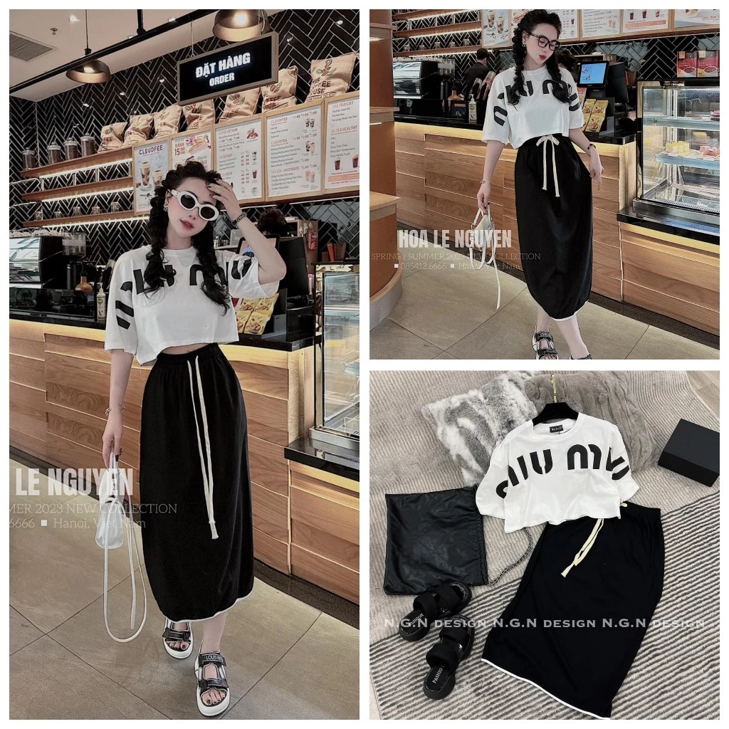 Set Bộ Đồ Nữ Áo Croptop Áo Cộc Tay Chân Váy Suông Dáng Dài 40-70KG Mẫu MIUMIUCVAY. D191