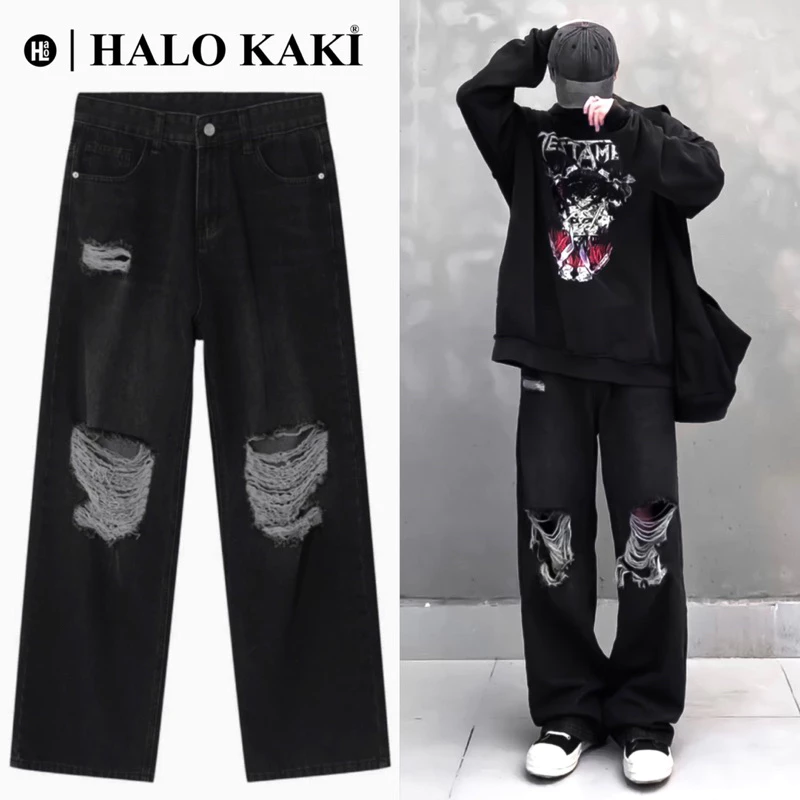 ĐEN KHÓI RÁCH - QUẦN JEANS WASH ĐEN KHÓI RÁCH CỰC CHIẾN CHAY PHỐ PHONG CÁCH Y2K