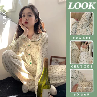 Đồ Bộ Pijama Dài Tay Chất Lụa Họa Tiết Hoa Nhí Xanh Mềm Mại Phong Cách Hàn Quốc-BND23