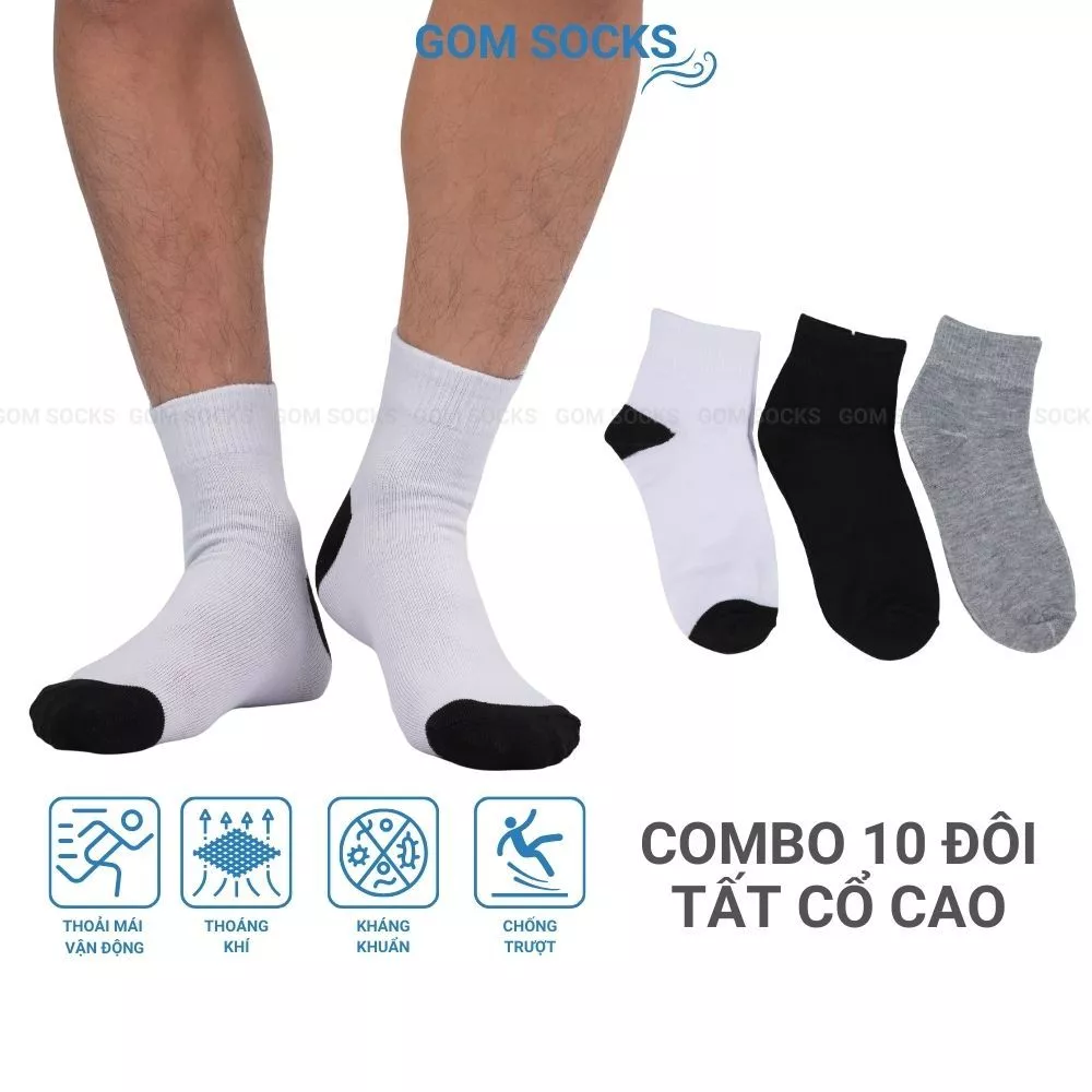 Combo 10 đôi vớ cổ cao nam nữ GOMSOCKS, chất liệu cotton mềm mại thoáng mát, khử mùi tốt- TAT-TRONCAO-VNXK-CB10