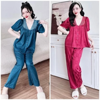 Đồ bộ nữ pyjama BIGSIZE 45kg-65kg - Lụa Gấm Xước Cổ Chữ V Viền Ren Hoa - Đồ ngủ nữ mặc nhà tay ngắn quần dài