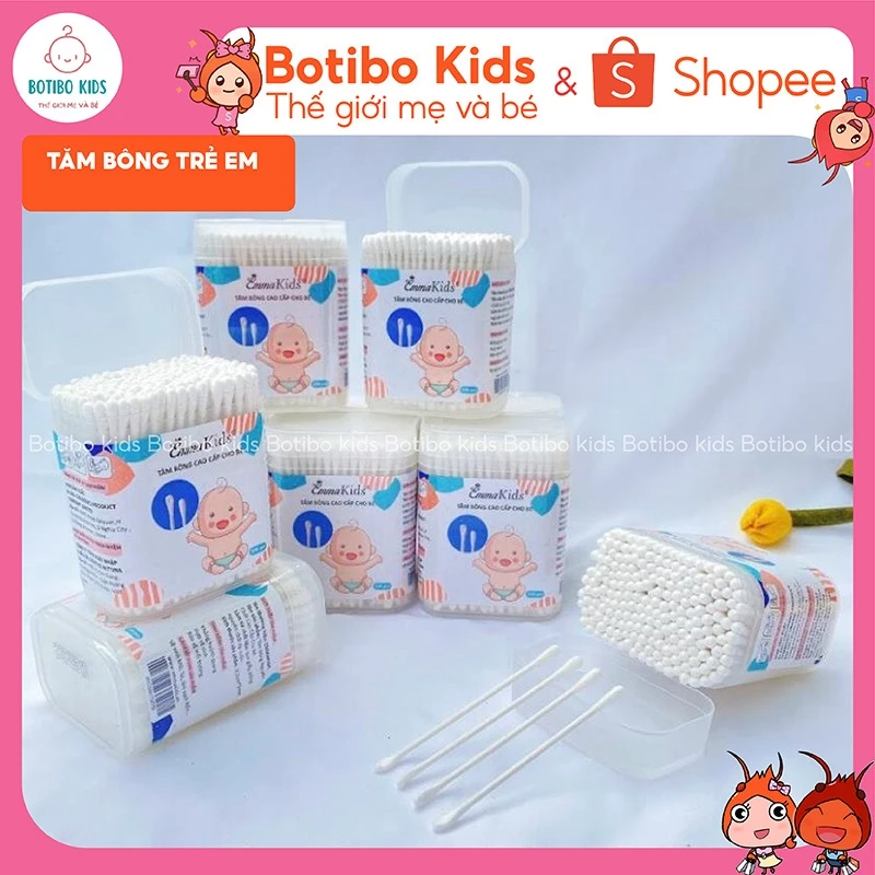 Tăm bông trẻ em EmmaKids kháng khuẩn (hộp 200 que lõi giấy) cho bé sơ sinh ngoáy tai, mũi BOTIBO KIDS