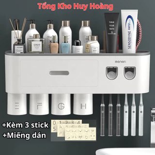 Bộ 2 Nhả Kem Đánh Răng Tự Động OENON - Kệ Treo Bàn Chải Lắp Đặt Dán Tường Gạch Men Kèm Cốc Hút Nam Châm Huy Hoàng