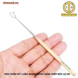 Móc đôi 2 đầu nhọn chuôi vàng, cây móc mí 2 đầu nhọn chuôi vàng dùng trong thẩm mỹ dài 16 cm - công nghệ Đức