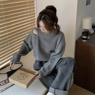 Áo len nữ dài tay dáng rộng khoét vai sexy thiết kế vintage màu basic dễ phối đồ phong cách Hàn Quốc cổ điển MN0923-229