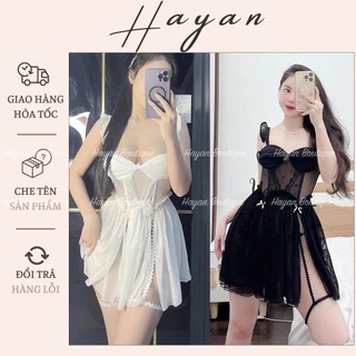 HT92 Váy ngủ sexy xẻ đùi tôn dáng tặng CHÍP kèm đai tất, đồ ngủ ren xuyên thấu xẻ đùi HT92