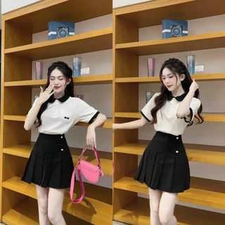 Set bộ nữ cute áo phông cổ bèo phối viền mix chân váy xếp ly ( có lót ) xinh xắn, dễ thương cho các nàng đi chơi