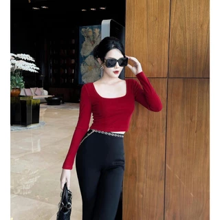 Áo Thun Croptop Nữ Cổ Vuông Dài Tay  Dáng Ôm Chất Liệu Cotton 100%