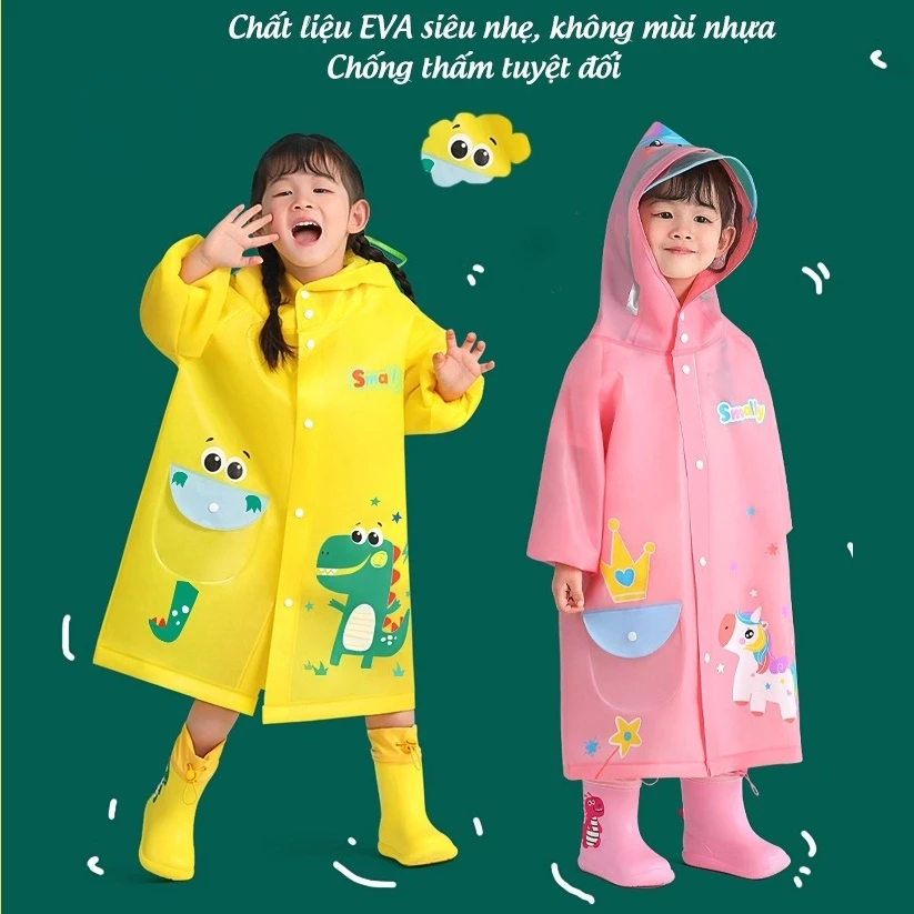 Áo mưa cho bé chính hãng Smally, siêu nhẹ, siêu dai, siêu bền cho bé trai bé gái cao từ 80-135cm Túi đựng đồ miễn phí