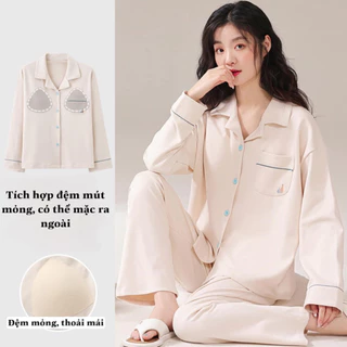 (HÀNG MỚI VỀ) Bộ Mặc Nhà Tích Hợp Đệm Ngực Chất Liệu 100% Cotton Cao Cấp Dày Dặn Mặc Thu Đông