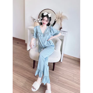 Bộ mặc nhà, đồ ngủ Pijama nữ ren tay ngắn cổ chữ cao cấp. Size 40-65kg. Chất liệu Latin tơ tằm