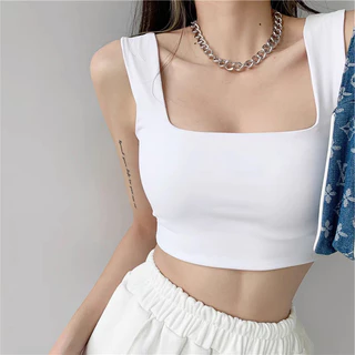 Áo croptop 2 dây bản to Kyuby cotton 2 lớp, áo hai dây cổ vuông ôm body A51