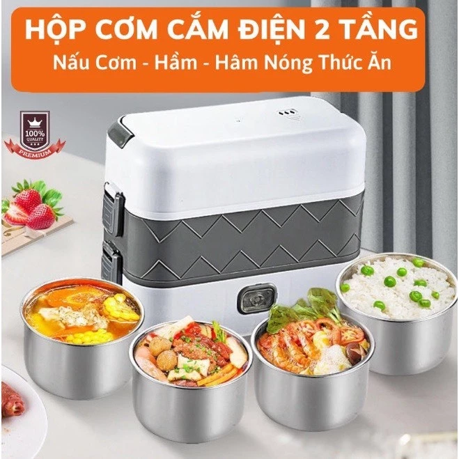 [FREESHIP] Hộp Cơm Cắm Điện LUNCHBOX 2 Tầng 4 Ngăn Inox Giữ Nhiệt Hâm Nóng Và Tự Nấu Chín Thức Ăn.