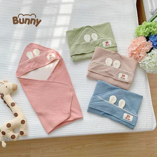 Khăn Choàng Ủ Xô Muslin Cao Cấp Bunny Có Mũ Siêu Thoáng Mát Cho Bé Sơ Sinh