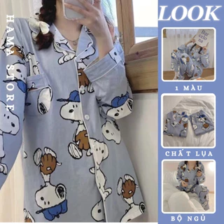 Bộ đồ nữ Pijama lụa dài tay quần dài hoạt hình snoopy doo mặc ở nhà mùa đông chất dày cao cấp chất dày ấm-BND12