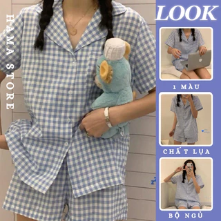 Bộ ngủ nữ Pijama kẻ caro lụa ngắn tay hoạt hình ullazang mặc ở nhà mùa hè phong cách hàn quốc dễ thương cộc tay-BNN02