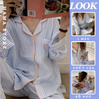 Bộ đồ ngủ Pijama cotton dài tay họa tiết kẻ xanh phong cách Hàn Quốc cực xinh-BND20