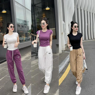 Quần gió jogger nữ  1 lớp trơn cạp chun chất liệu gió cao cấp hàng VNXK viền ly phong cách thể thao năng động