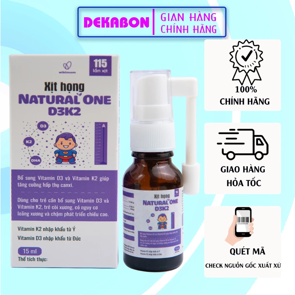 D3k2 Natural One 15ml - DEKABON - Xịt bổ sung D3k2 cho trẻ, tăng cường hấp thu Canxi, chống còi xương, tăng chiều cao