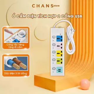 Ổ Cắm Điện USB Đa Năng Cao Cấp Chống Giật Dây Dài 4m, 2 Cổng Cắm USB Có Chốt An Toàn Tiện Dụng Công Suất 2500W