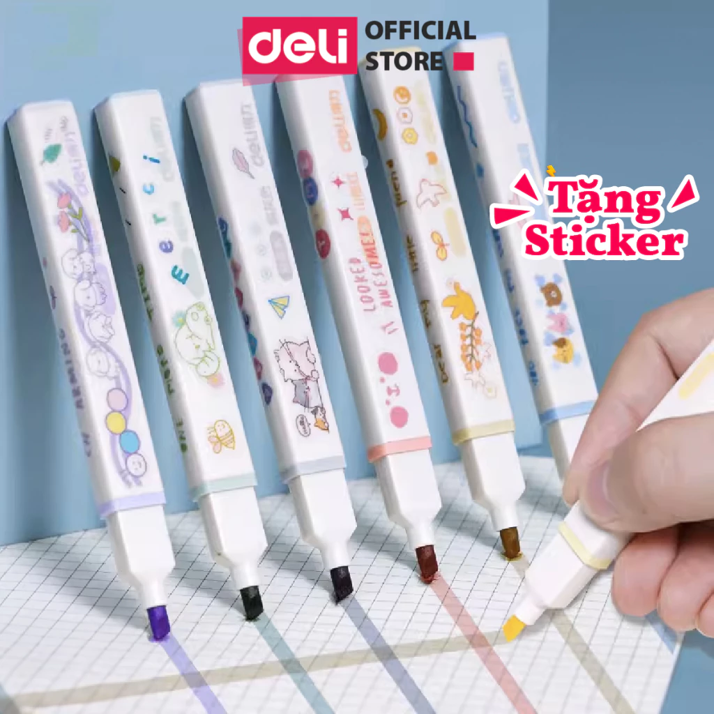 Bộ 6 bút highlight dạ quang đánh dấu nhớ dòng tặng sticker cute marker Deli ghi chú note bullet journal trang trí sổ tay