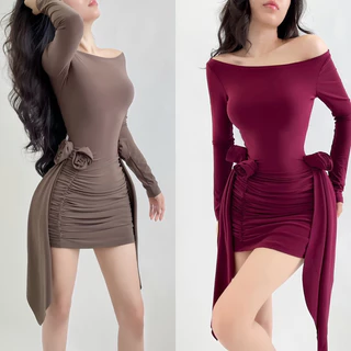 (Sẵn Ship Hỏa Tốc) Đầm Body Tay Dài Cổ Thuyền Bẹt Vai Đính Hoa Layer Ôm Body Sexy