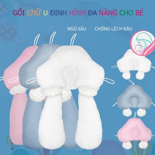 Gối chữ U tháo rời, dây rút 3 đầu tiện dụng; định hình, chống giật mình, chống méo đầu, giúp bé sơ sinh ngủ non.