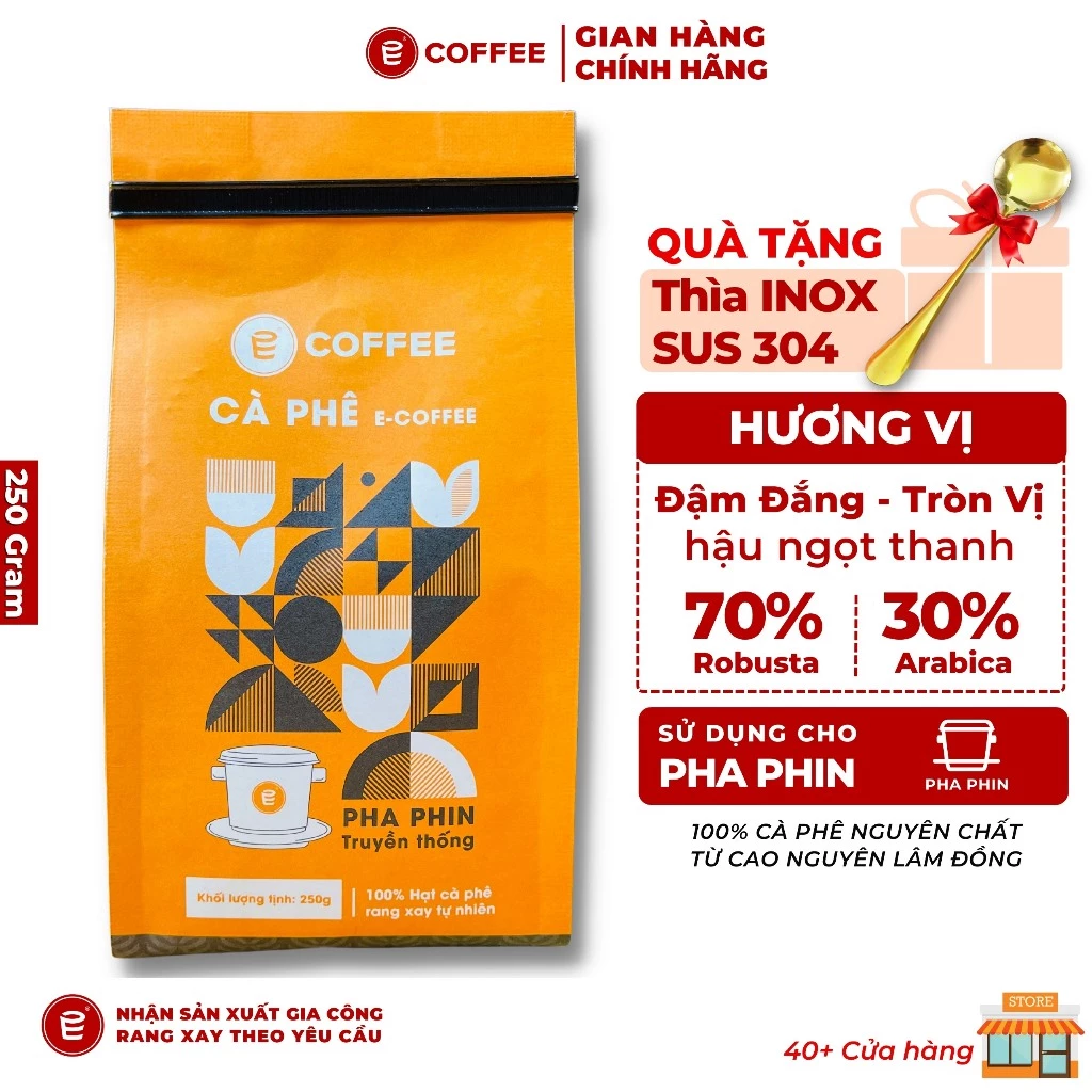 Cafe pha phin nguyên chất E-Coffee rang mộc từ cà phê Robusta và Arabica hương Chocolate gói 250g