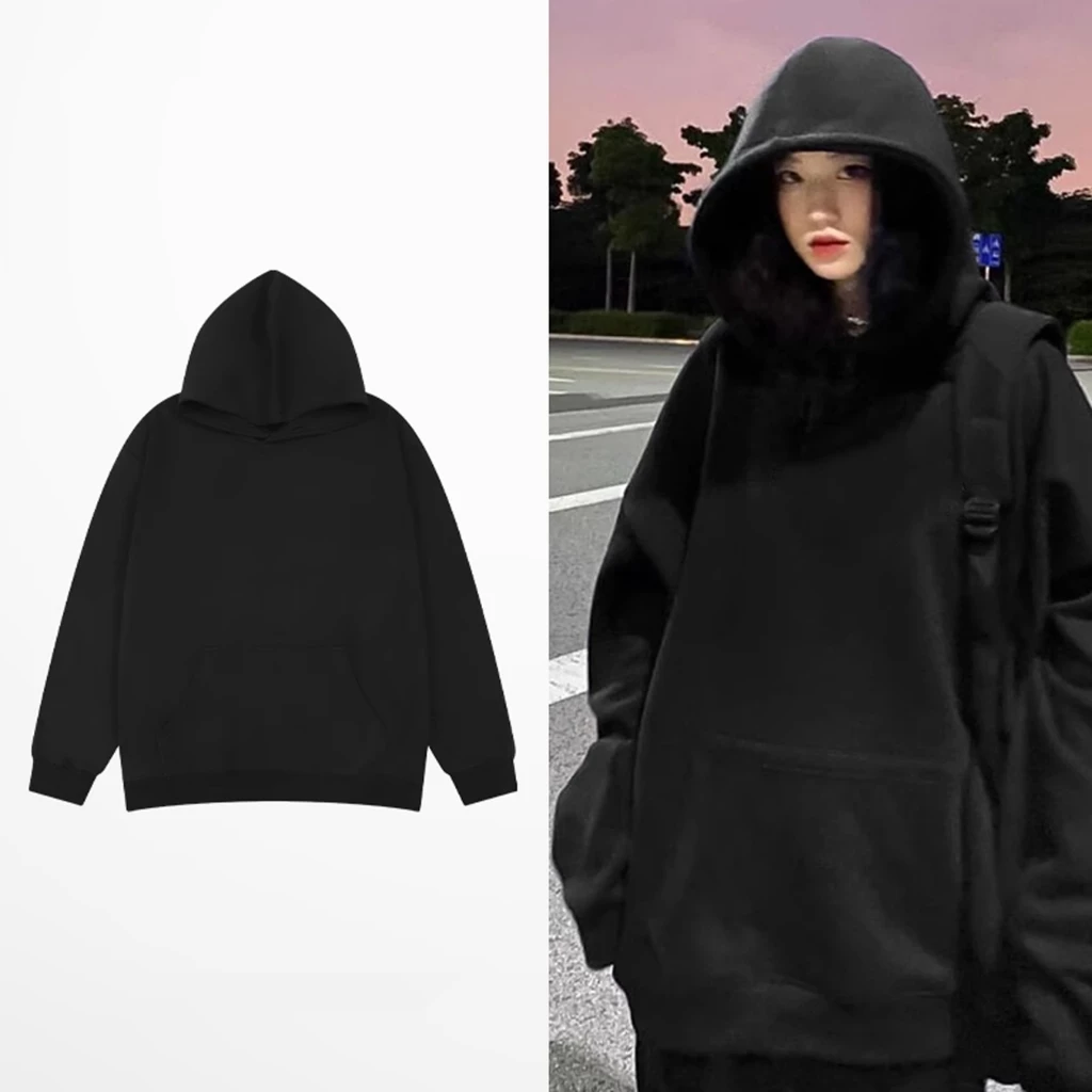 Áo Hoodie Nelly nỉ bông trơn màu Đen - Xám Tiêu NELLY - MIR form rộng mũ lớn dày dặn