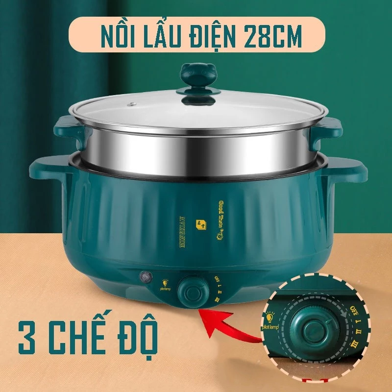 Nồi Lẩu Điện 3 Chế Độ 1000W, Nồi Lẩu Đa Năng Tặng Kèm Giá Hấp Inox Siêu Bền Rẻ