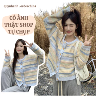 Áo khoác len cardigan nữ họa tiết kẻ ngang, áo len dệt kim cổ tròn cúc gỗ xinh [Hàng Order]