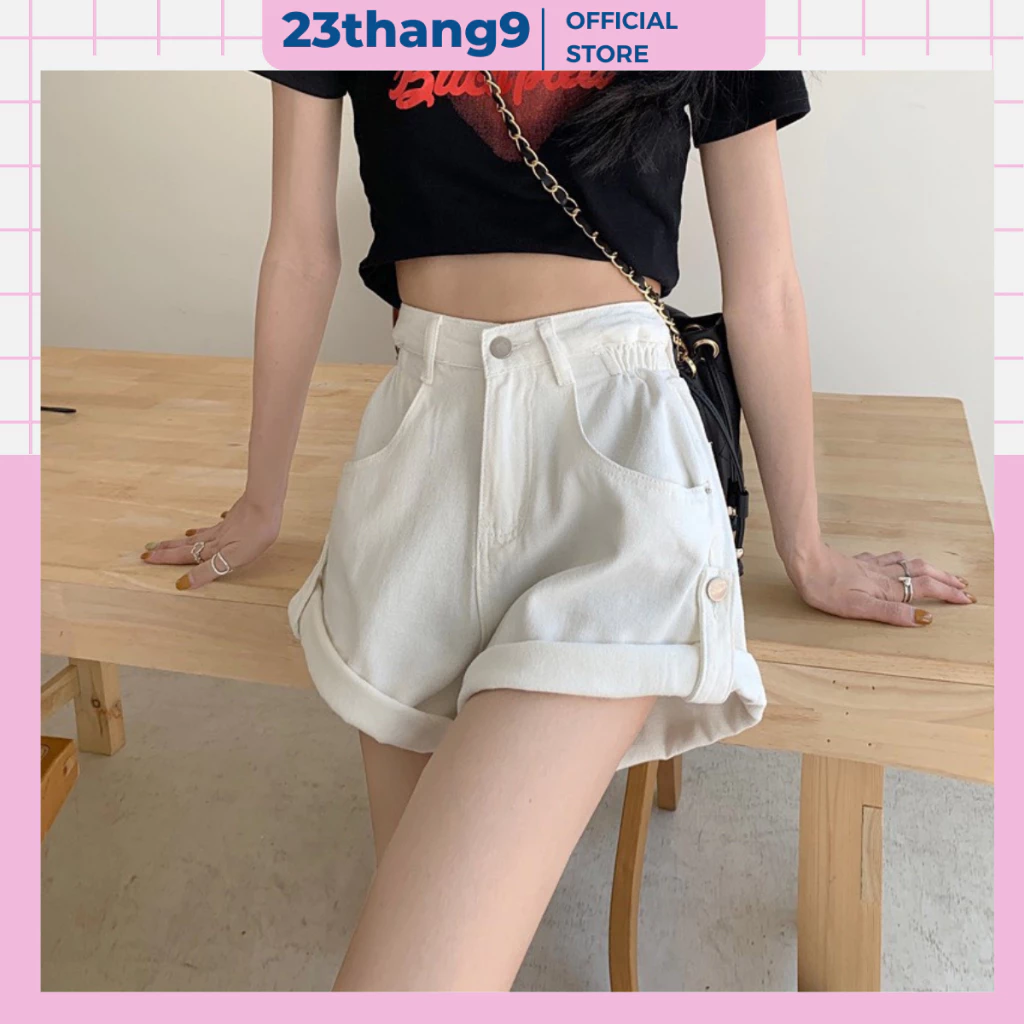 Quần short nữ , quần đùi jean nữ xắn gấu 2 cúc lưng cao ống rộng màu đen màu trắng vải jean kaki dày dặn 40
