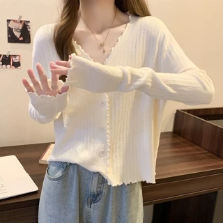 Áo khoác cardigan thun len cute viền bèo dễ thương xinh xắn hàn quốc