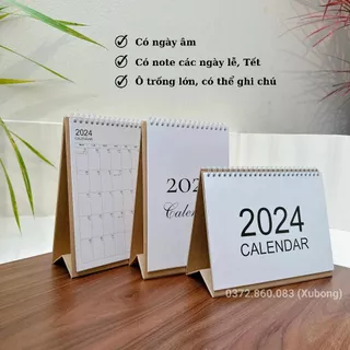 Lịch Để Bàn 2024 có ô ghi chú, có ngày âm lịch phong cách basic