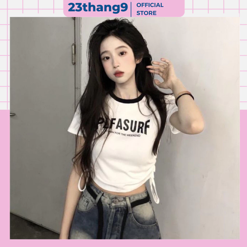 Áo baby tee , Áo thun baby tee màu trắng dáng croptop dây rút sườn in chữ chất thun tăm co giãn 23thang9