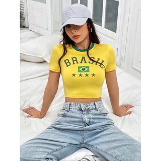 Áo crop top ôm body,cổ tròn viền nổi,tay ngắn.👚