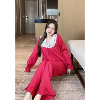 Bộ đồ nữ mặc nhà tay dài quần dài cổ vuông tay loe tiểu thư chất thô boi freesize 45-65kg - Chun's sleepwear