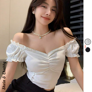 [Bigsize 40-75kg / Order] Áo thun gân viền ren đan croptop tay bèo ngắn trễ vai dễ thương ngọt ngào