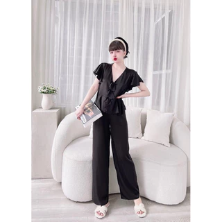 Bộ mặc nhà, đồ ngủ Pijama nữ tay cánh tiên viền nơ. Fom quần dài có túi. Chất liệu latin cao cấp. Size từ 40-70kg