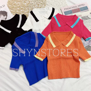 Shynstores Áo dệt kim nữ dáng croptop cổ polo phối viền cao cấp nhiều màu