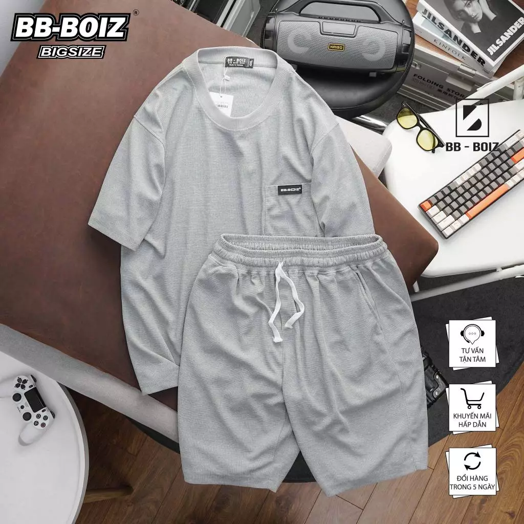 Set bộ áo quần BB - Boiz Big Size chất thun tổ ong form bigsize 80kg - 130kg - Xám mắt nhỏ