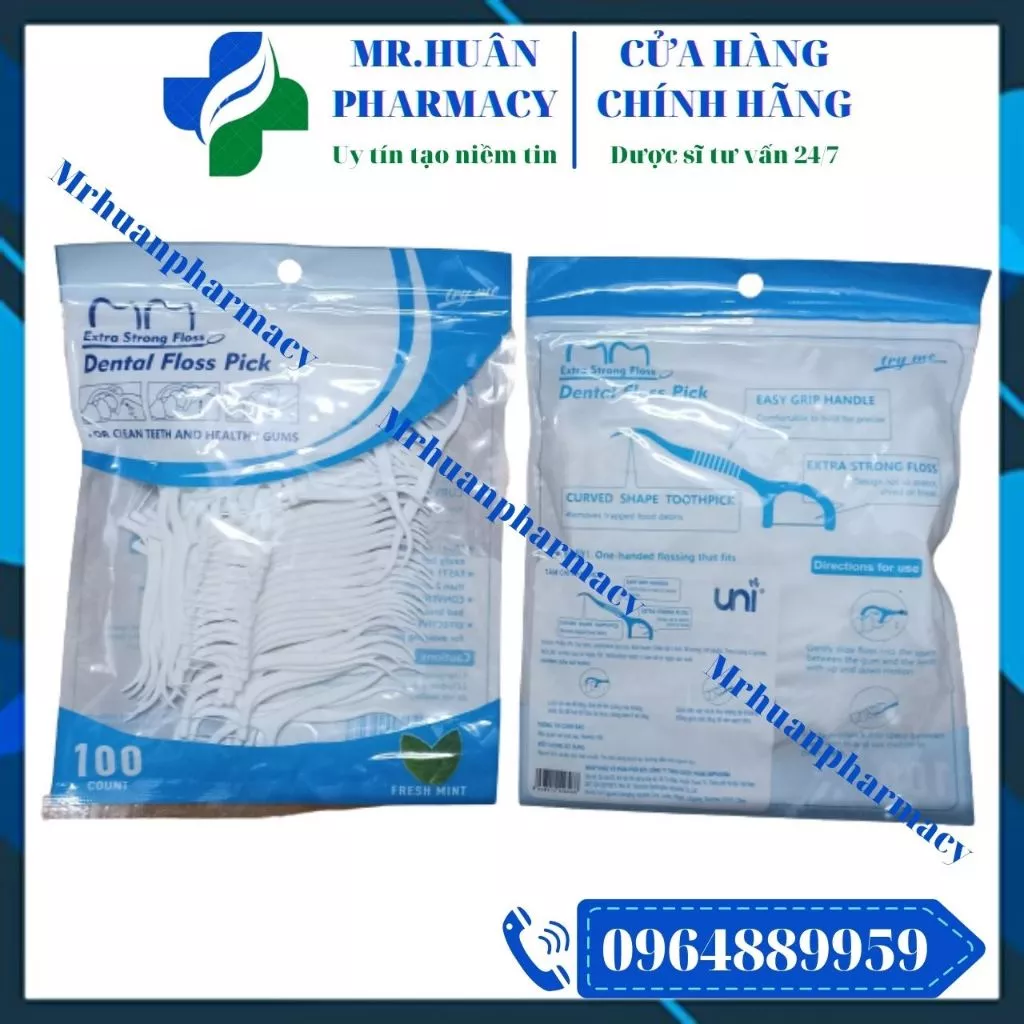 Tăm chỉ nha khoa Unipharma (Gói 100 chiếc) - Hương bạc hà giúp chăm sóc sức khoẻ răng miệng